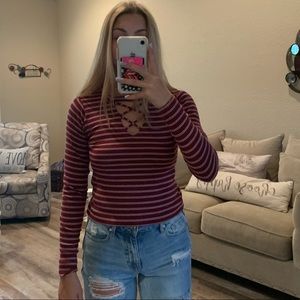 Burgundy and white striped long sleeve top
